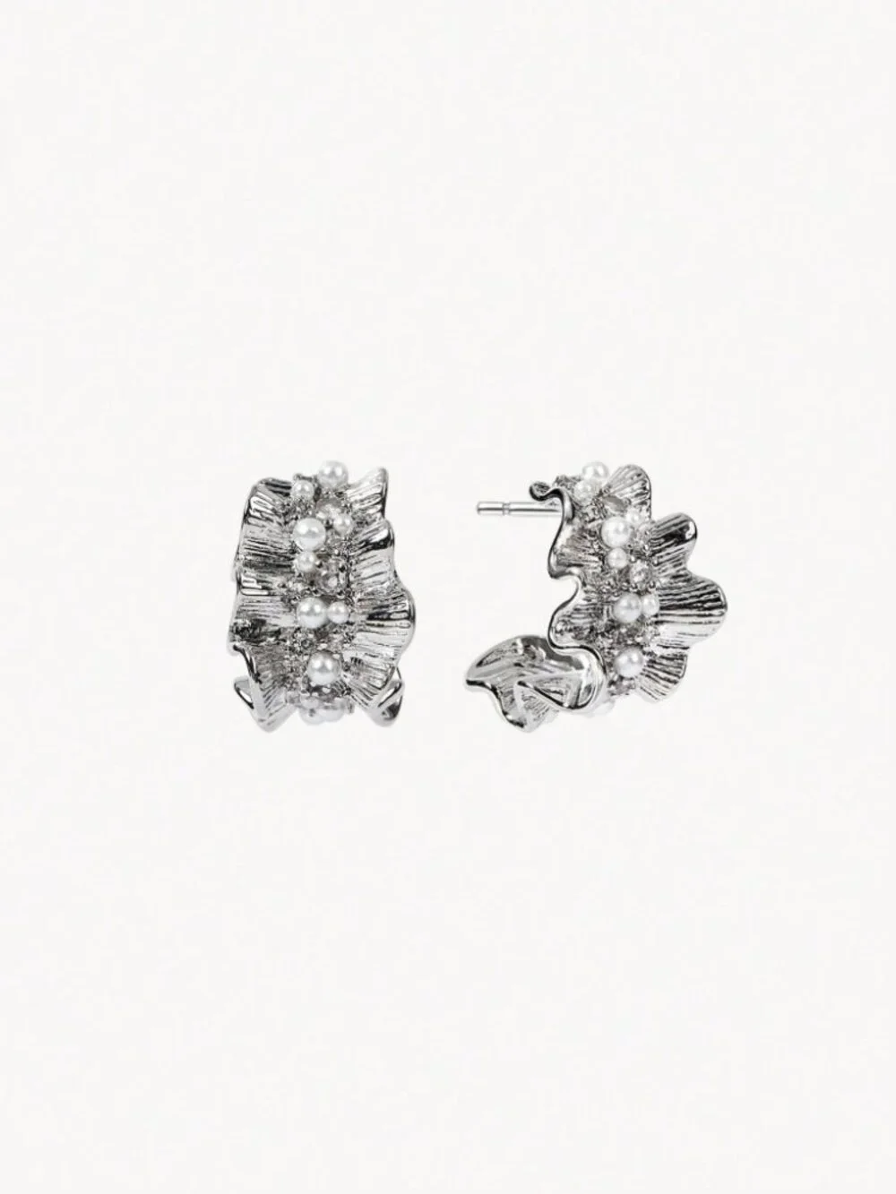 Silver Textured Wave Pearl Cluster Earrings